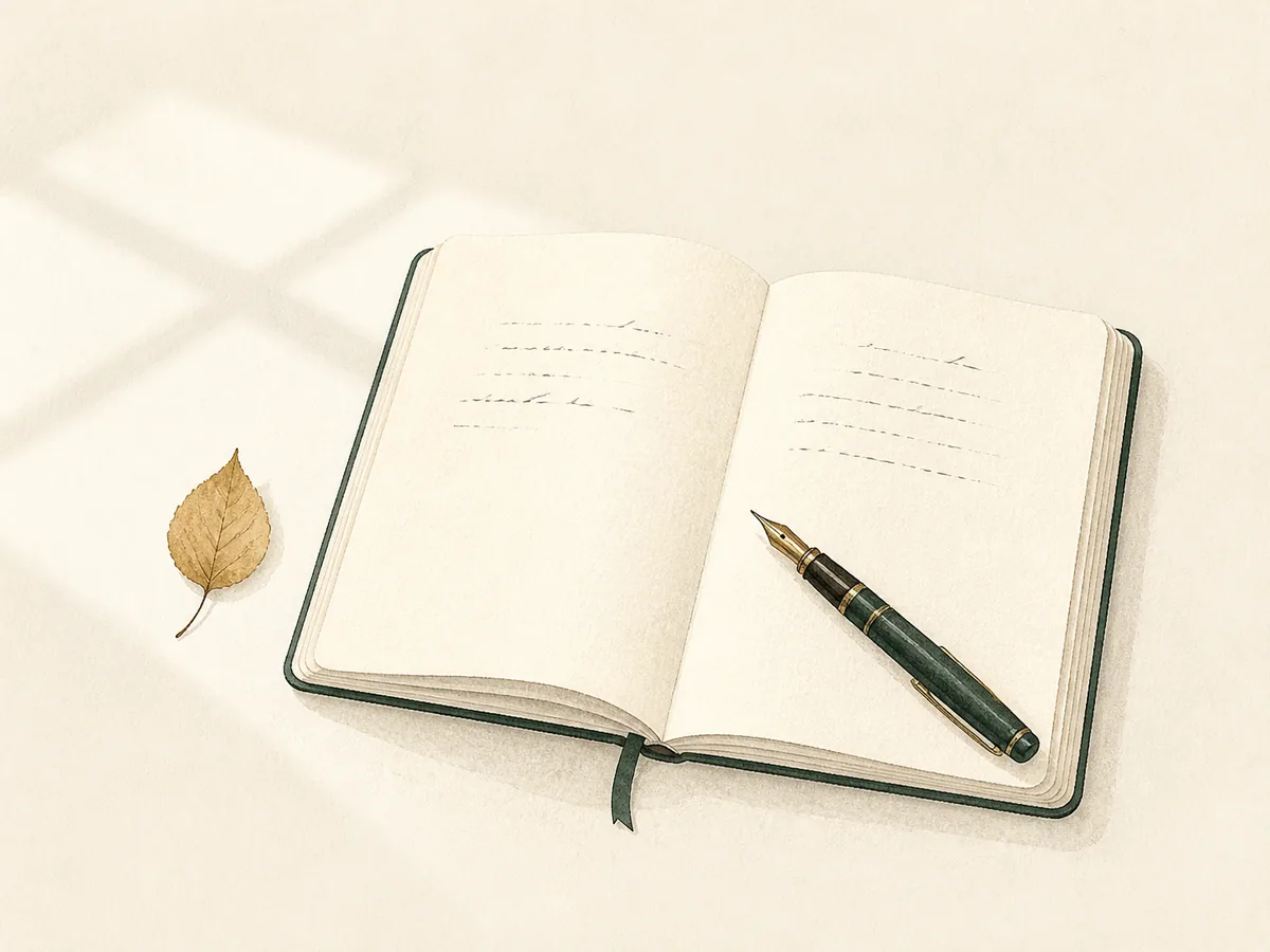 An open journal with a fountain pen and a dried leaf in soft morning light.